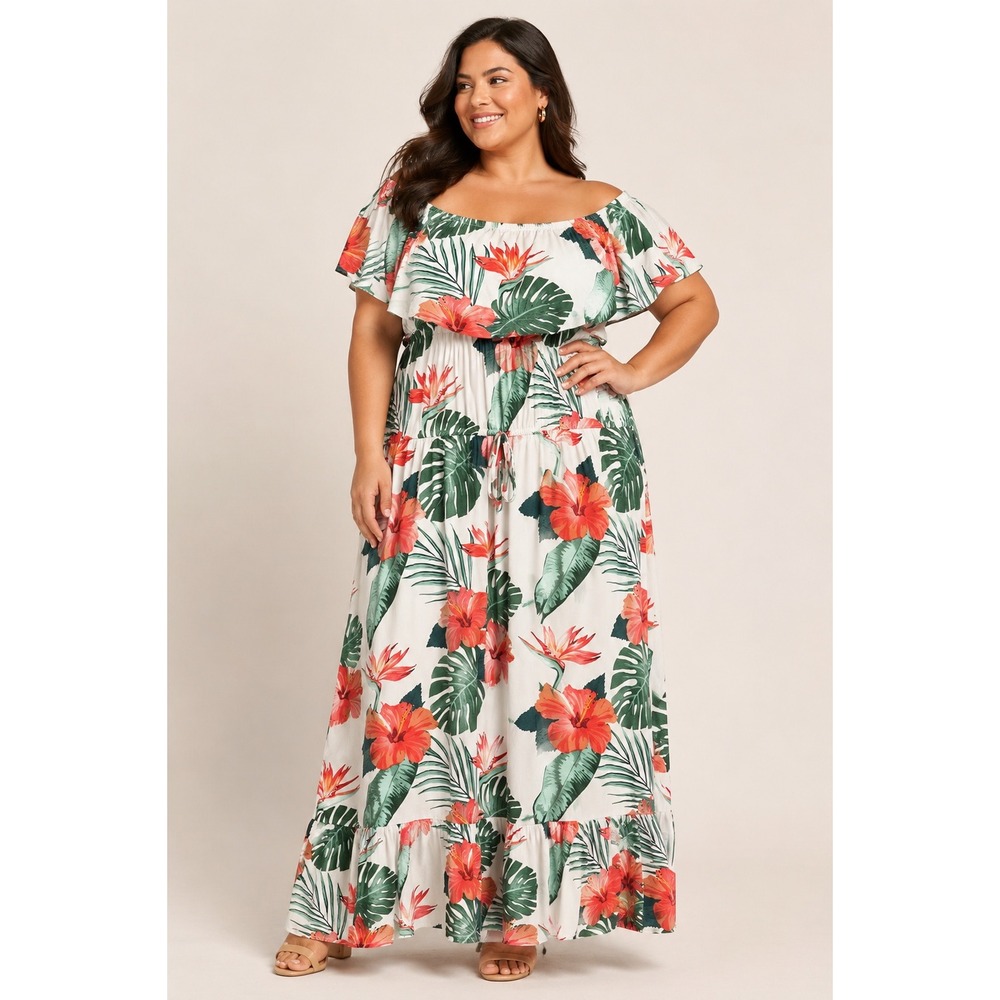 Trendz Tropical Floral Maxi Dress Womens 3X Ruffle Boho Plus Size Resort Cruise